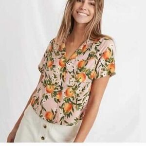 Marine Layer Lucy Button Short Sleeve Top in Floral Orange, Women's Size Small